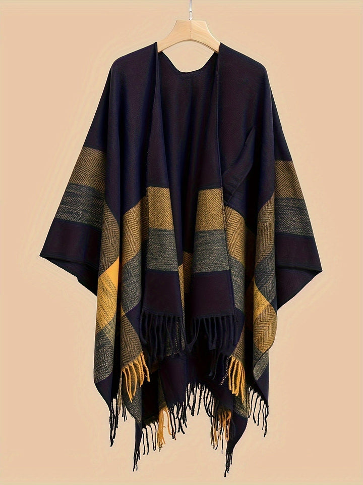 Kyrine - Poncho Scialle Con Frange E Motivo Geometrico