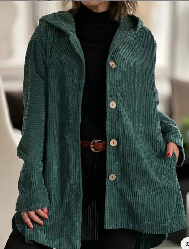 Tezila - Elegante Cappotto in Velluto a Coste Con Cappuccio