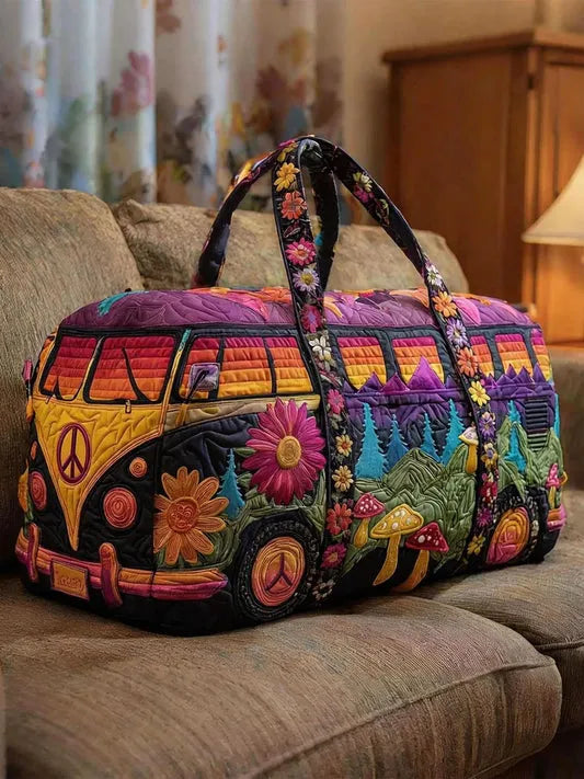 RetroBloom - Borsa da Viaggio Trapuntata Con Stampa Vintage di Camper
