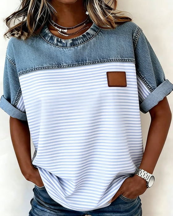 Tessie - Camicetta in Denim Con Inserti a Righe