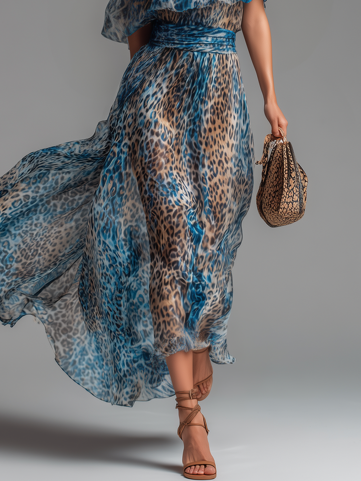 Siania - Abito Con Spalle Scoperte in Chiffon Con Stampa Leopardata