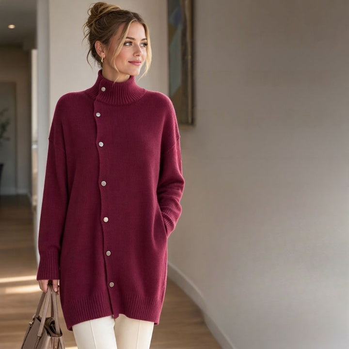 Hiroko - Maglione Lungo in Maglia con Collo Alto e Bottoni