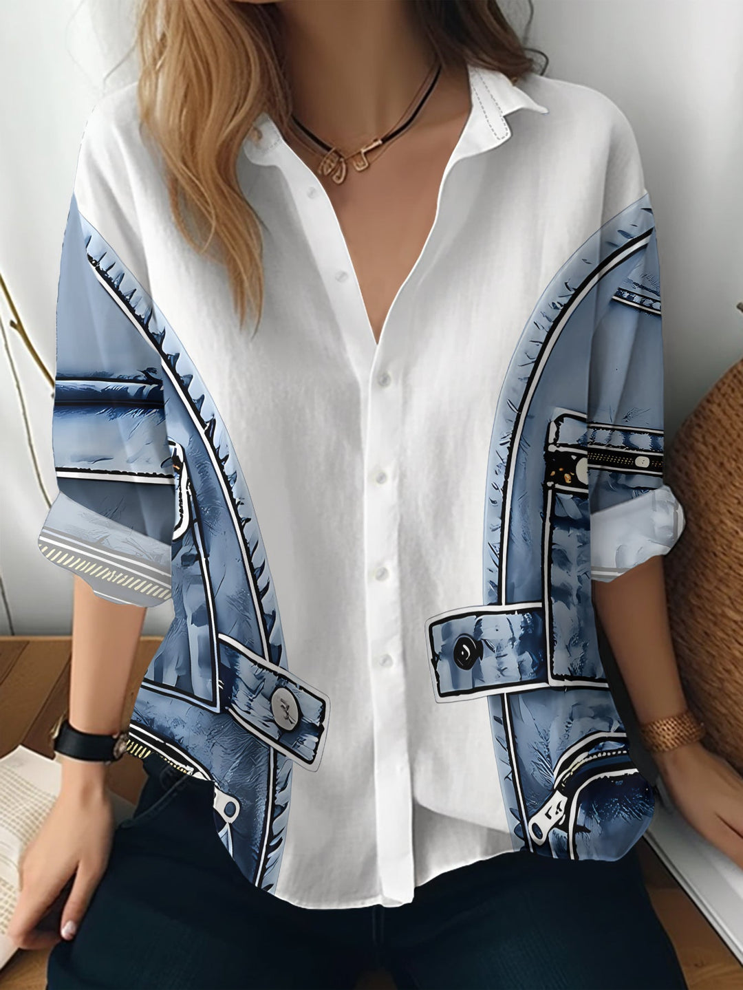 Alfiya - Camicia a Maniche Lunghe Con Taschino in Denim