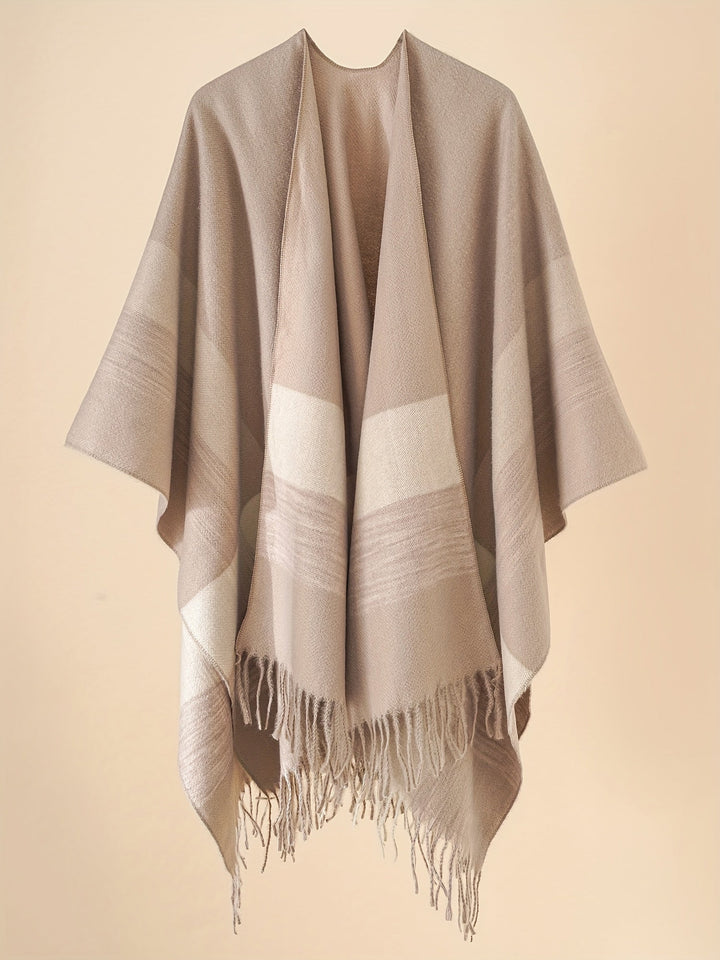 Kyrine - Poncho Scialle Con Frange E Motivo Geometrico