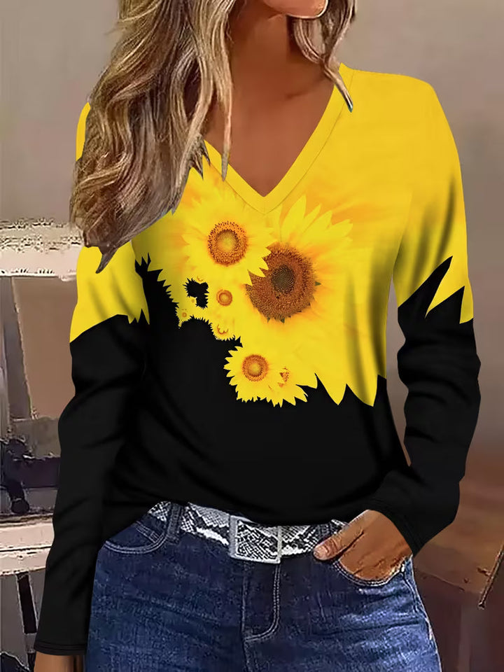Olina - Maglia a Maniche Lunghe Con Stampa a Girasoli