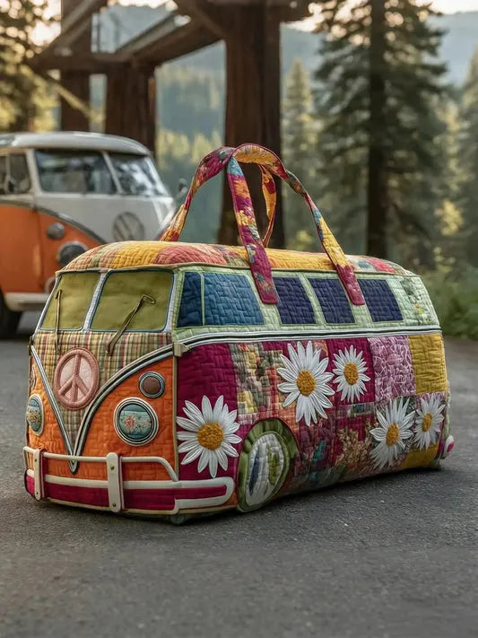 RetroBloom - Borsa da Viaggio Trapuntata Con Stampa Vintage di Camper