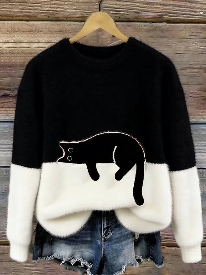 Aiste - Maglione Casual Con Grafica Gatto