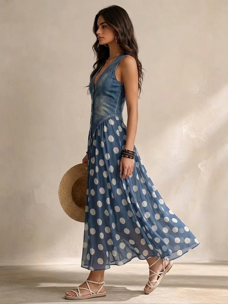 Vylina - Abitoin Denim Con Gonna In Chiffon a Pois