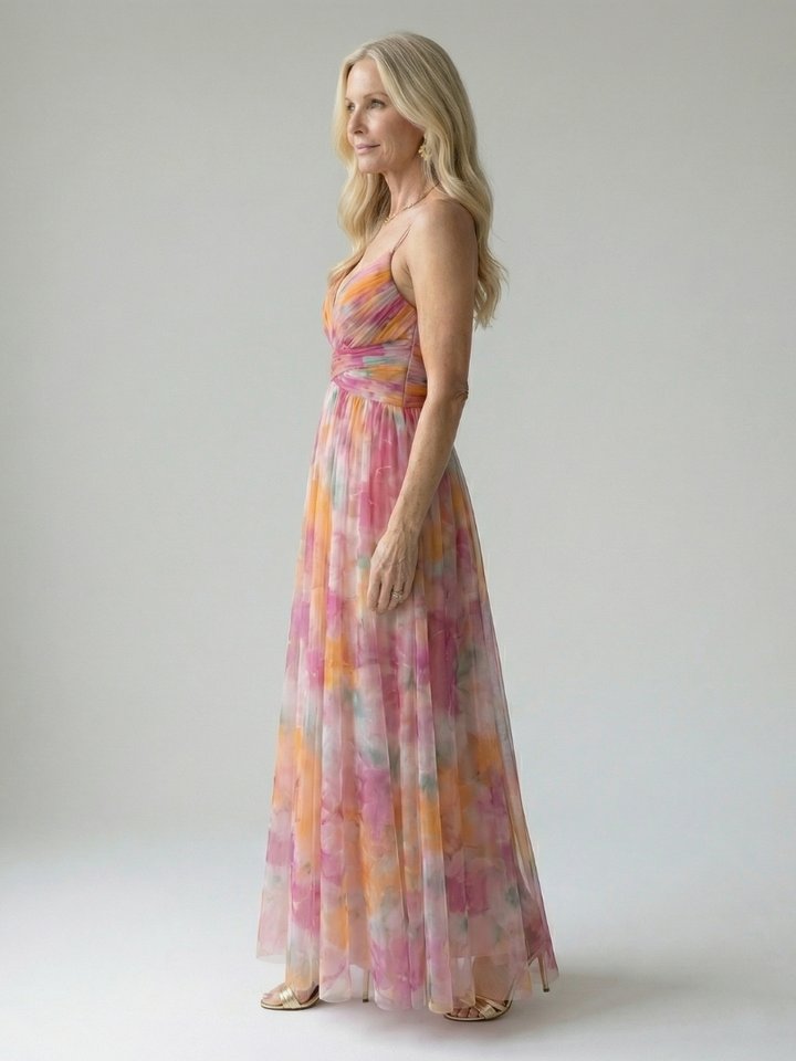 Xeenia - Elegante Abito Lungo in Chiffon Con Ritaglio