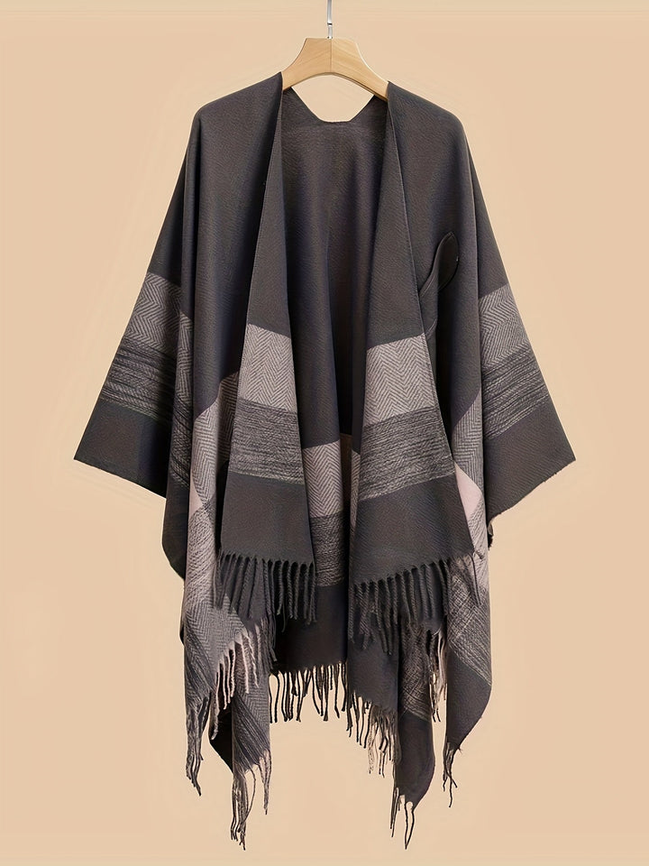 Kyrine - Poncho Scialle Con Frange E Motivo Geometrico