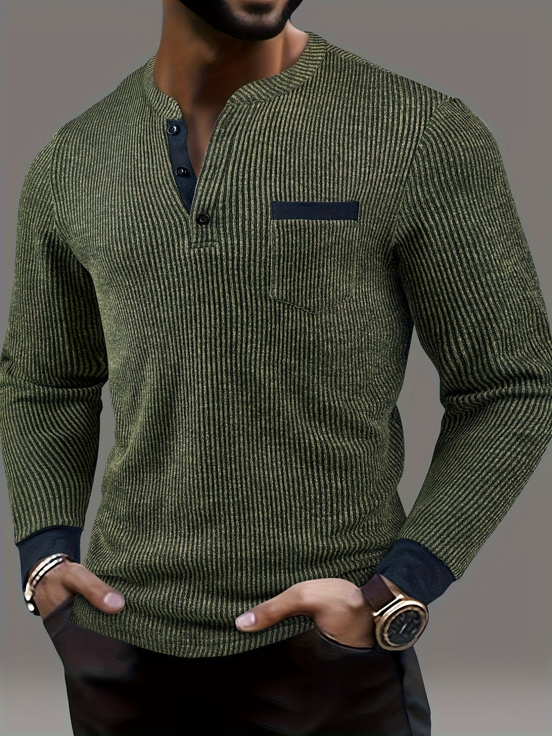 Deegan - Camicia Henley a Maniche Lunghe Con Colletto a Righe in Tessuto Testurizzato