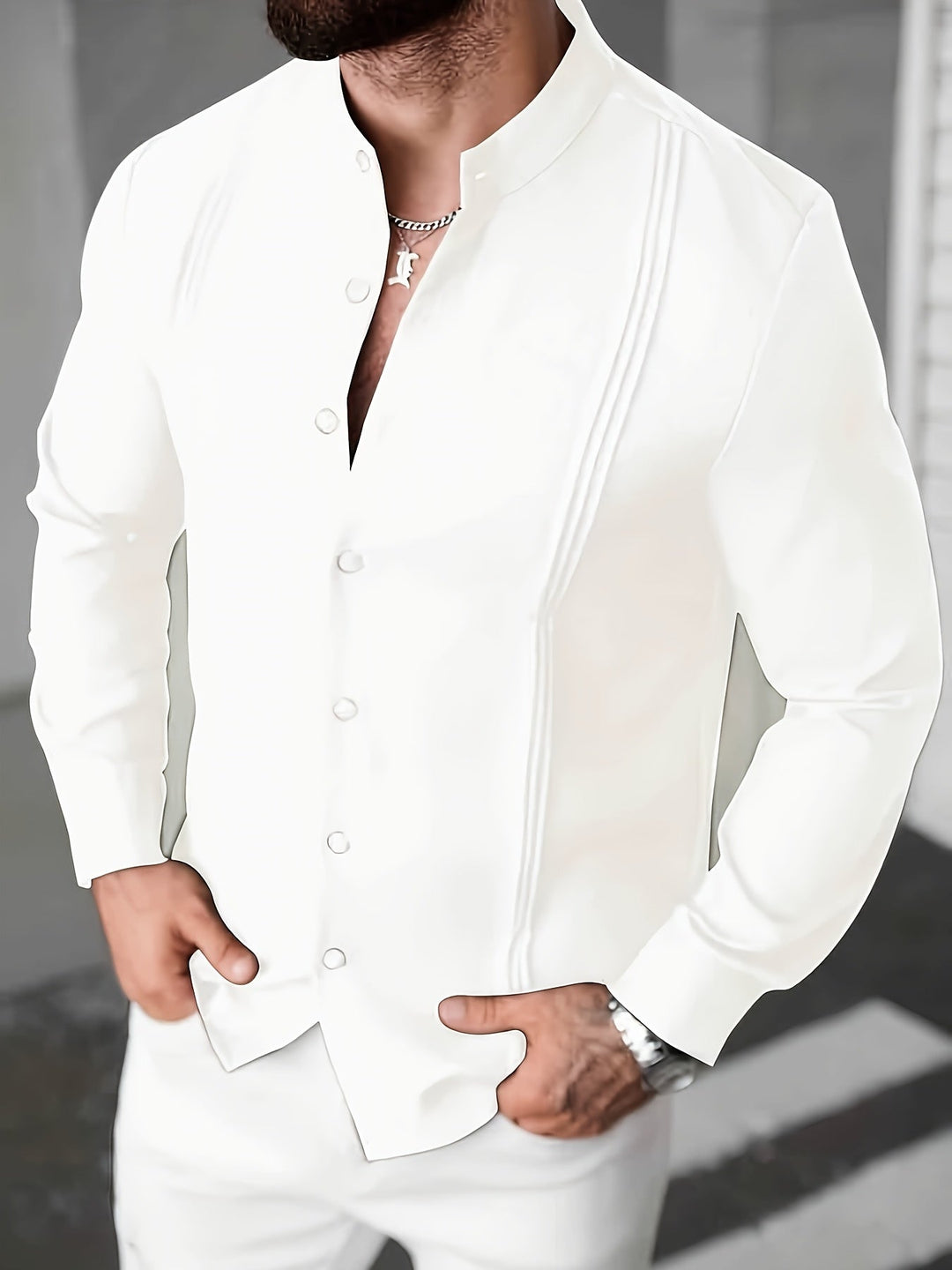 Elshan - Camicia a Maniche Lunghe Con Colletto Alla Coreana E Bottoni