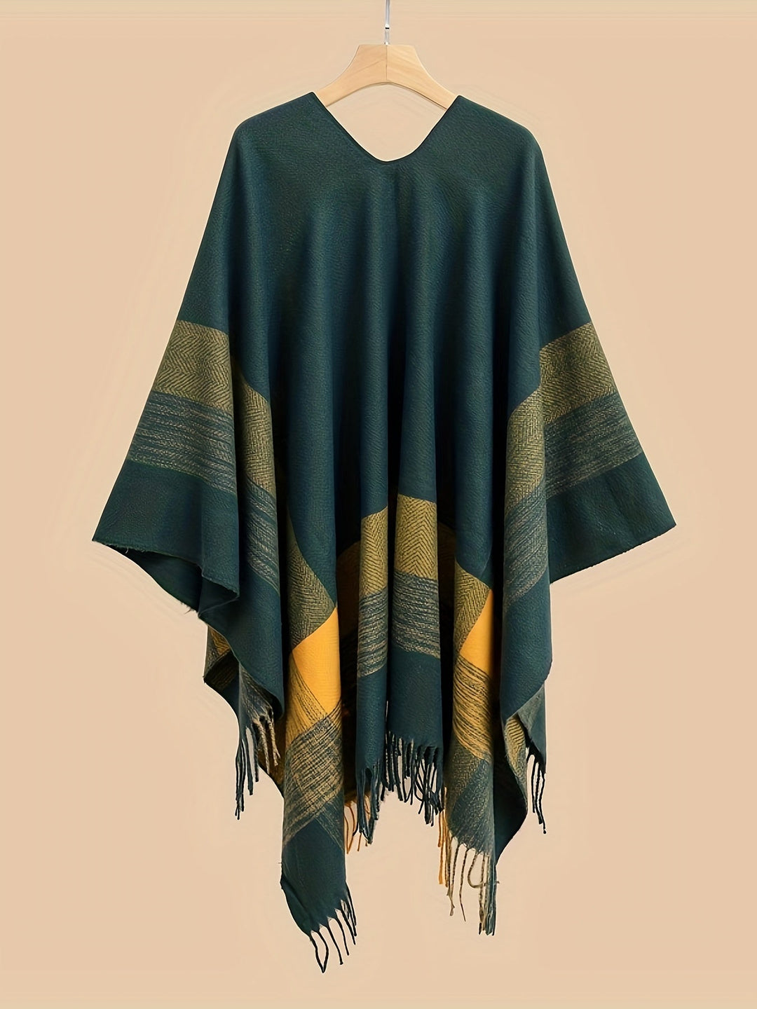 Kyrine - Poncho Scialle Con Frange E Motivo Geometrico