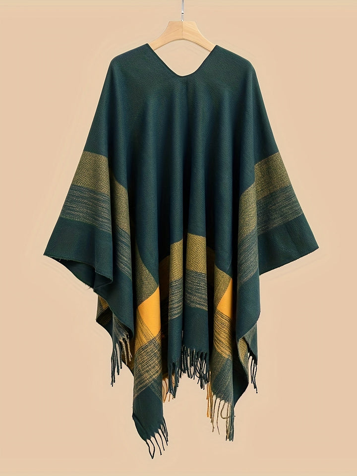 Kyrine - Poncho Scialle Con Frange E Motivo Geometrico