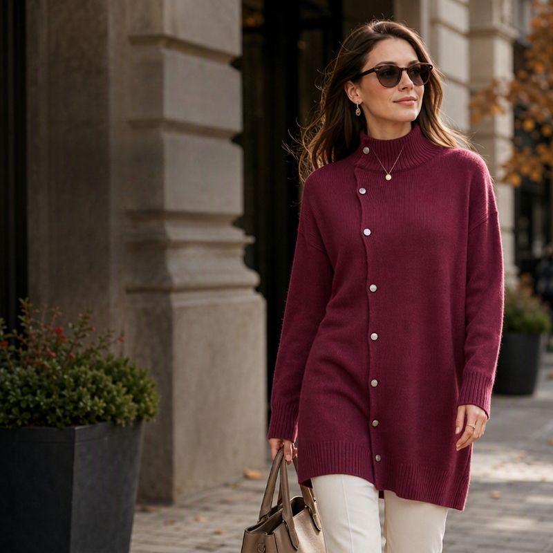 Hiroko - Maglione Lungo in Maglia con Collo Alto e Bottoni