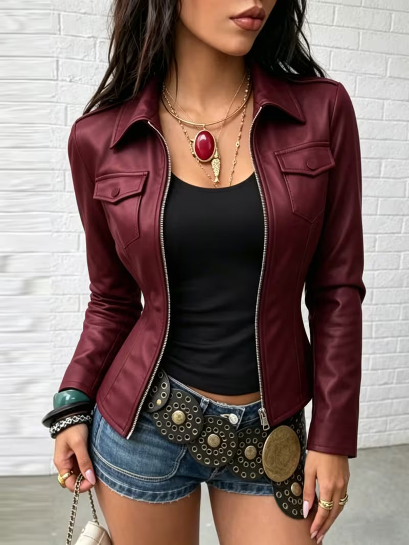 Shiona - Giacca in Pelle Con Tasche Anteriori