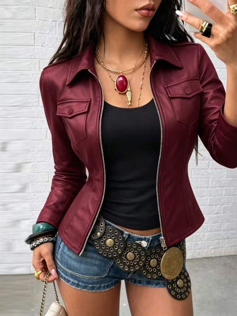 Shiona - Giacca in Pelle Con Tasche Anteriori