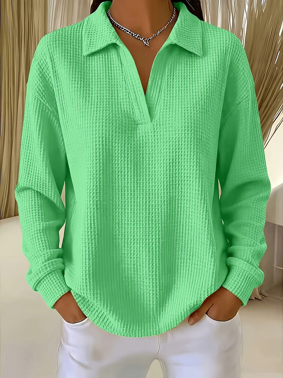 Nastya - Elegante Camicia Con Colletto Polo a Trama a Nido D'ape