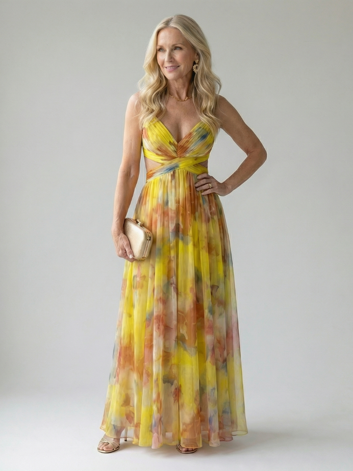 Xeenia - Elegante Abito Lungo in Chiffon Con Ritaglio