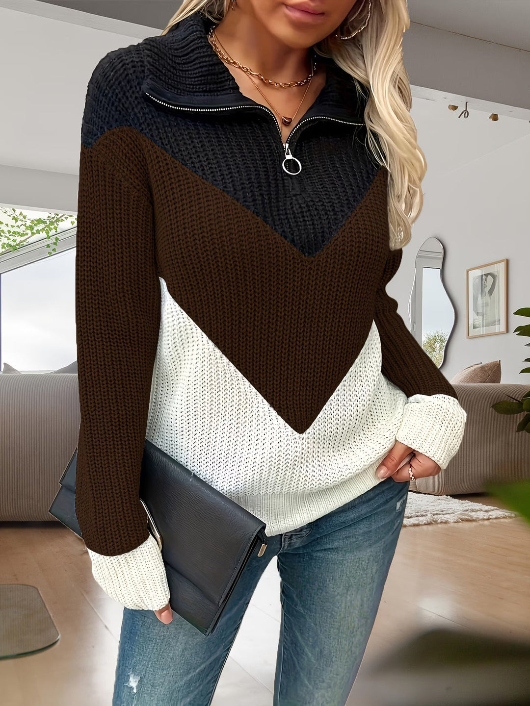 Fagina - Elegante Maglione Lavorato a Maglia Con Mezza ZIP