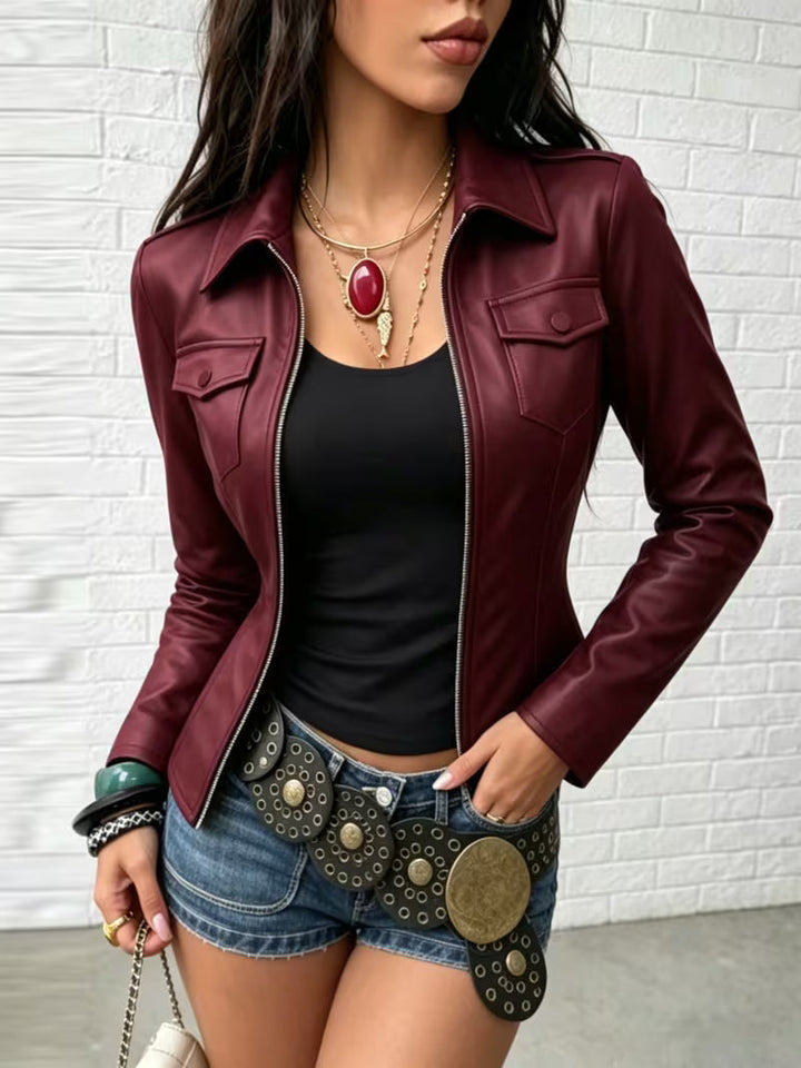 Shiona - Giacca in Pelle Con Tasche Anteriori