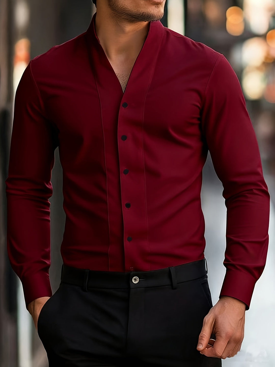 Almasbek - Camicia Slim Fit a Maniche Lunghe Con Scollo a V