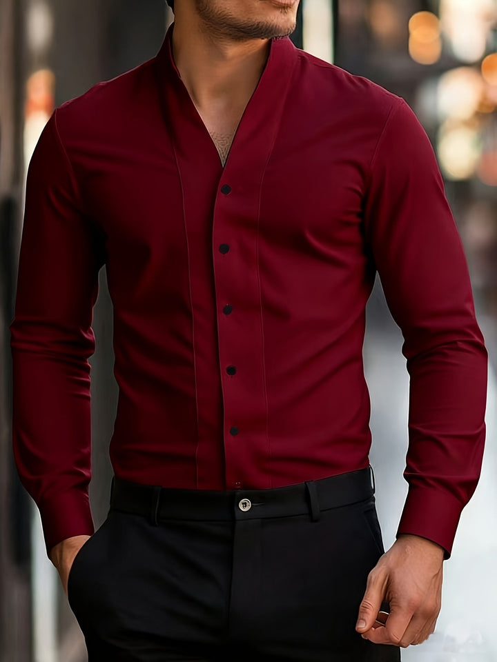 Almasbek - Camicia Slim Fit a Maniche Lunghe Con Scollo a V