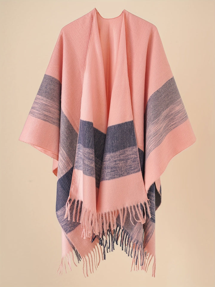 Kyrine - Poncho Scialle Con Frange E Motivo Geometrico