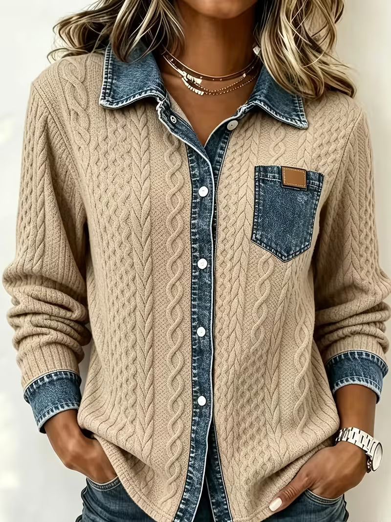 Eryna - Maglia a Maniche Lunghe Con Motivo a Trecce e Colletto in Denim
