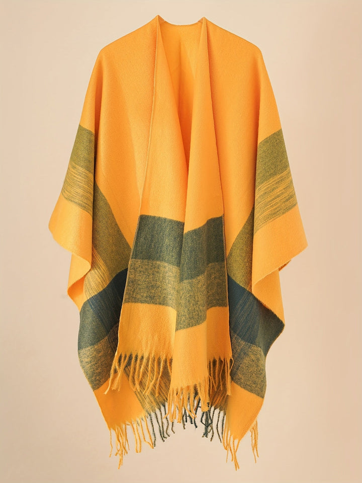 Kyrine - Poncho Scialle Con Frange E Motivo Geometrico
