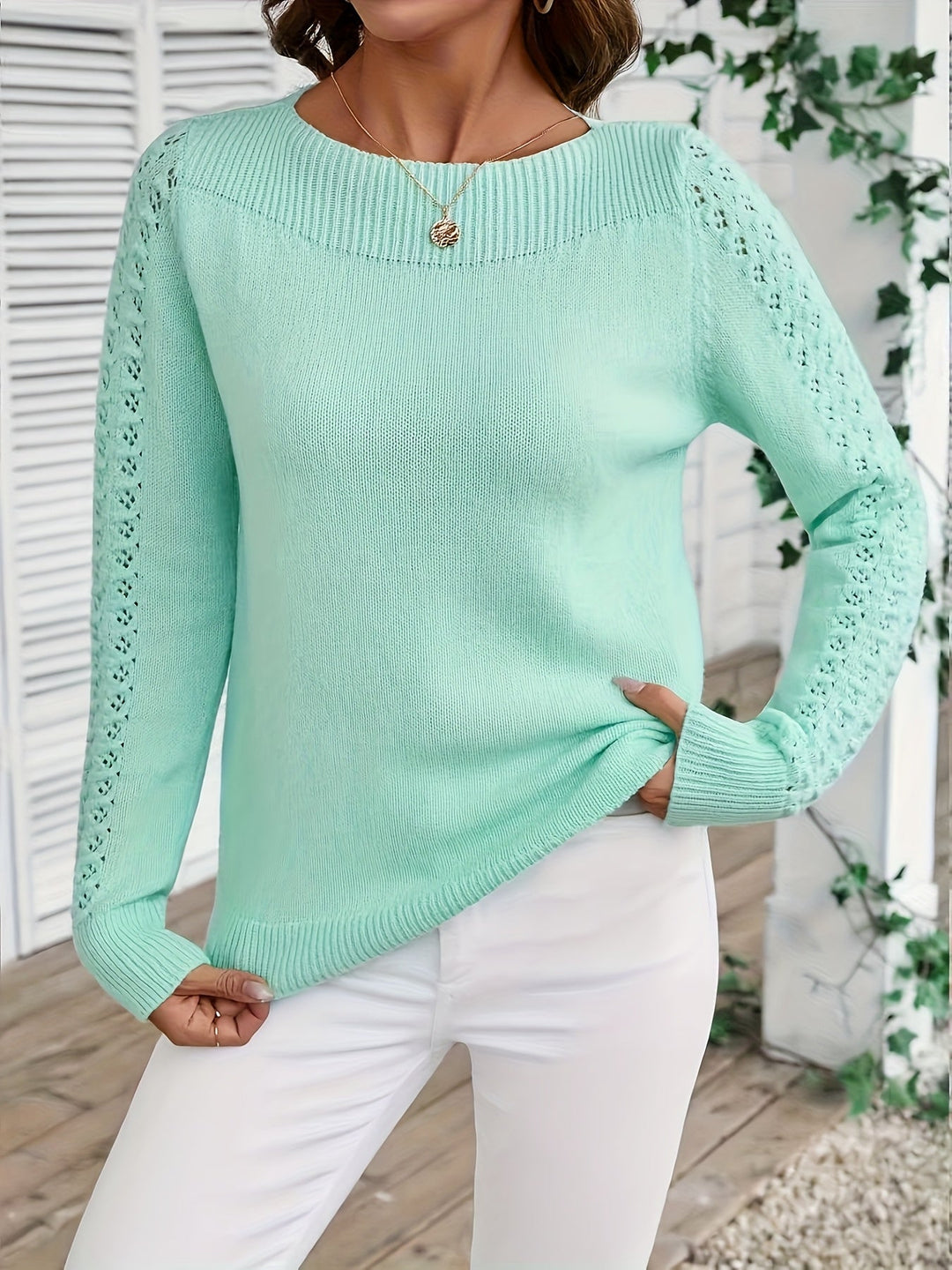 Pauliina - Maglione Casual a Maniche Lunghe Con Lavorazione a Maglia Traforata