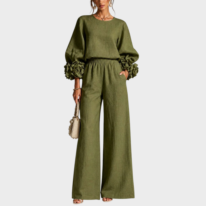 Mersada - Set Composto da Maglia a Maniche Lunghe con Polsini Floreali e Pantaloni a Gamba Larga