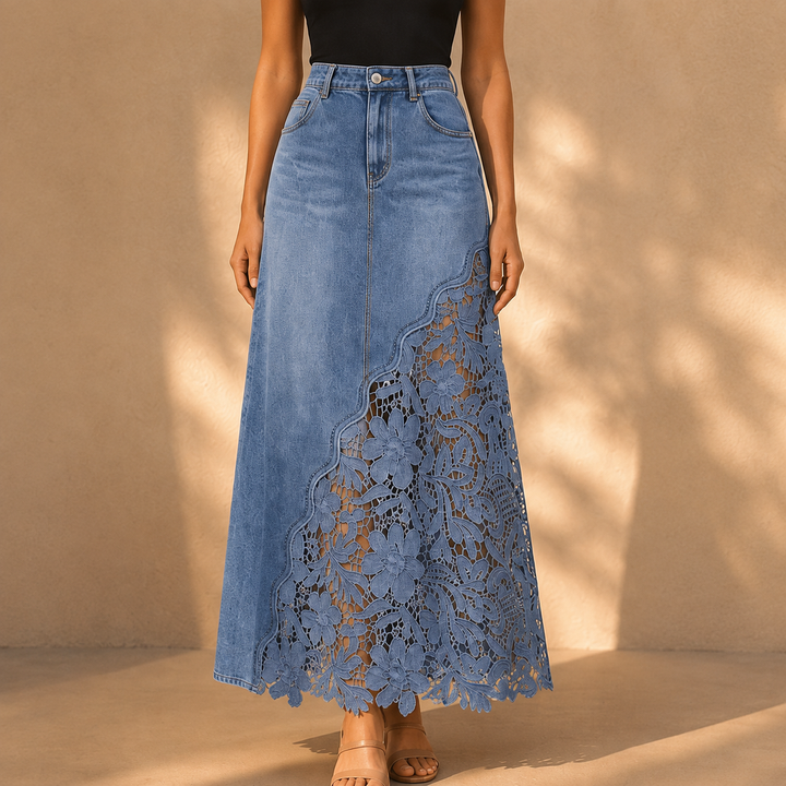 Khaingan - Gonna Lunga in Denim Con Pizzo
