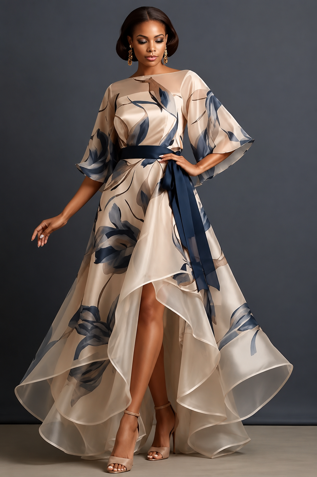 Lunara - Abito lungo in chiffon con stampa floreale fluida