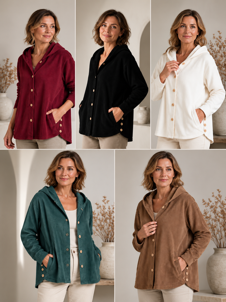 Tezila - Elegante Cappotto in Velluto a Coste Con Cappuccio