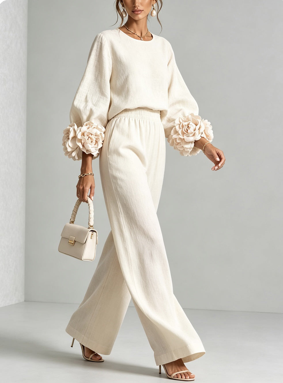 Ayser - Set Composto da Top e Pantaloni con Polsini a Fiori