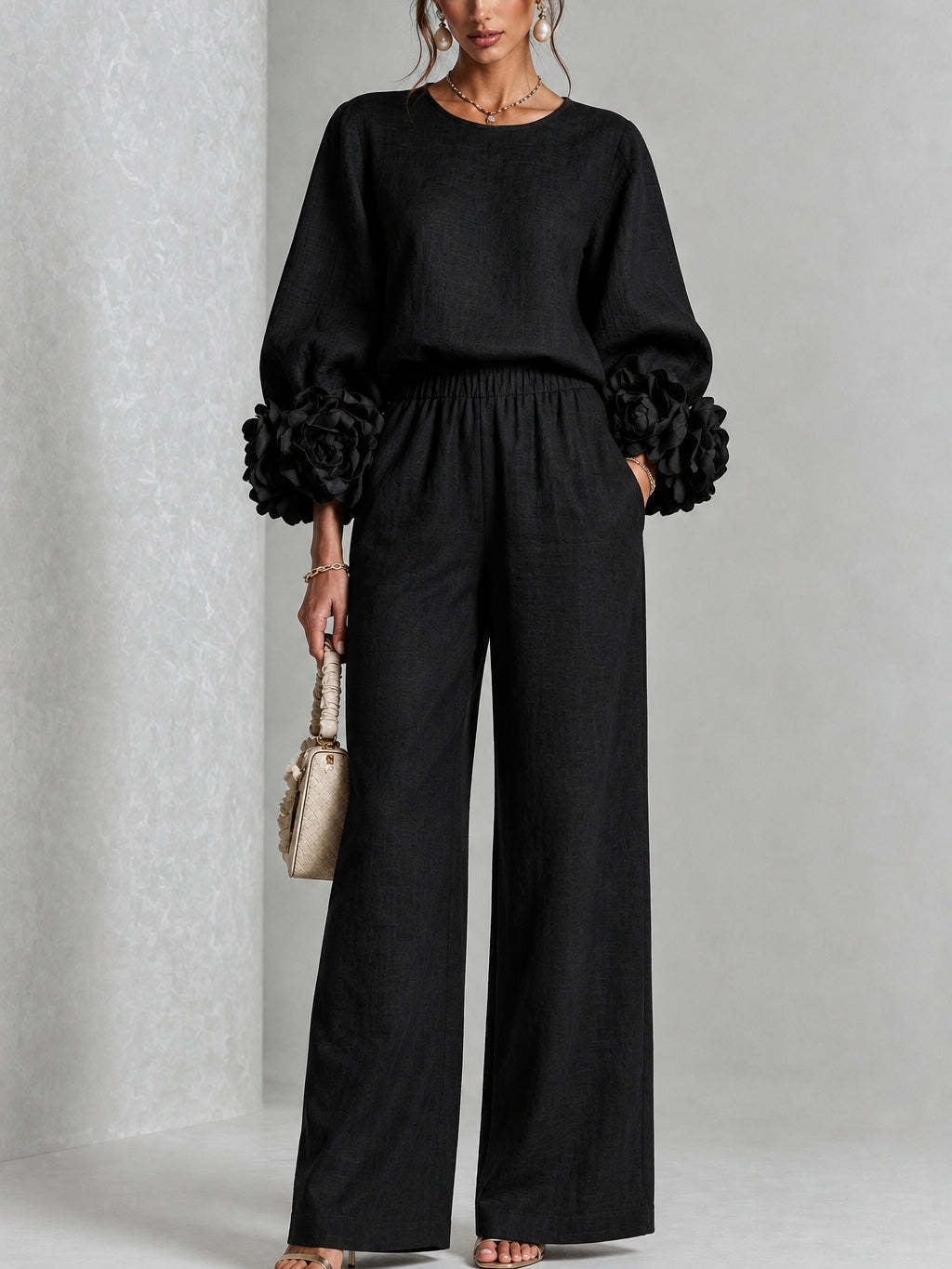 Ayser - Set Composto da Top e Pantaloni con Polsini a Fiori