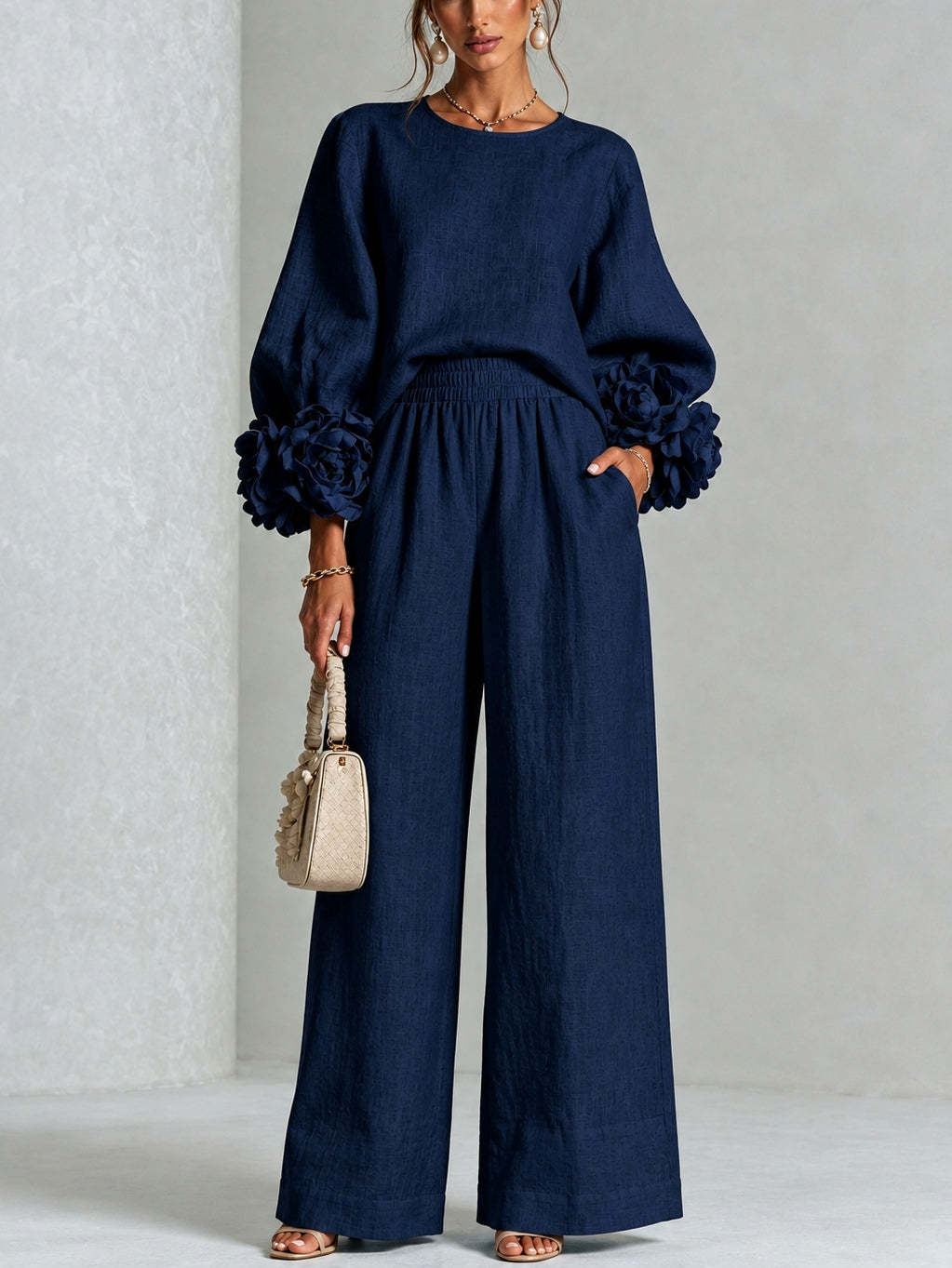 Ayser - Set Composto da Top e Pantaloni con Polsini a Fiori