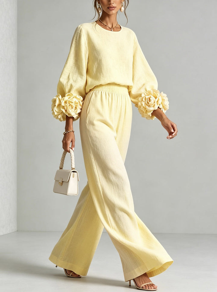 Ayser - Set Composto da Top e Pantaloni con Polsini a Fiori