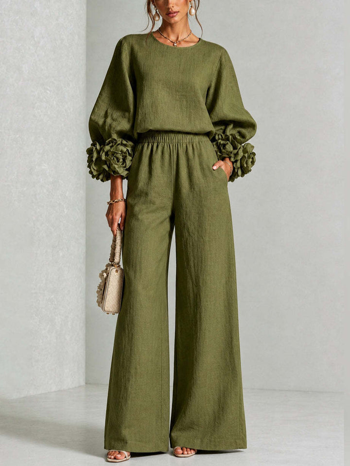 Ayser - Set Composto da Top e Pantaloni con Polsini a Fiori