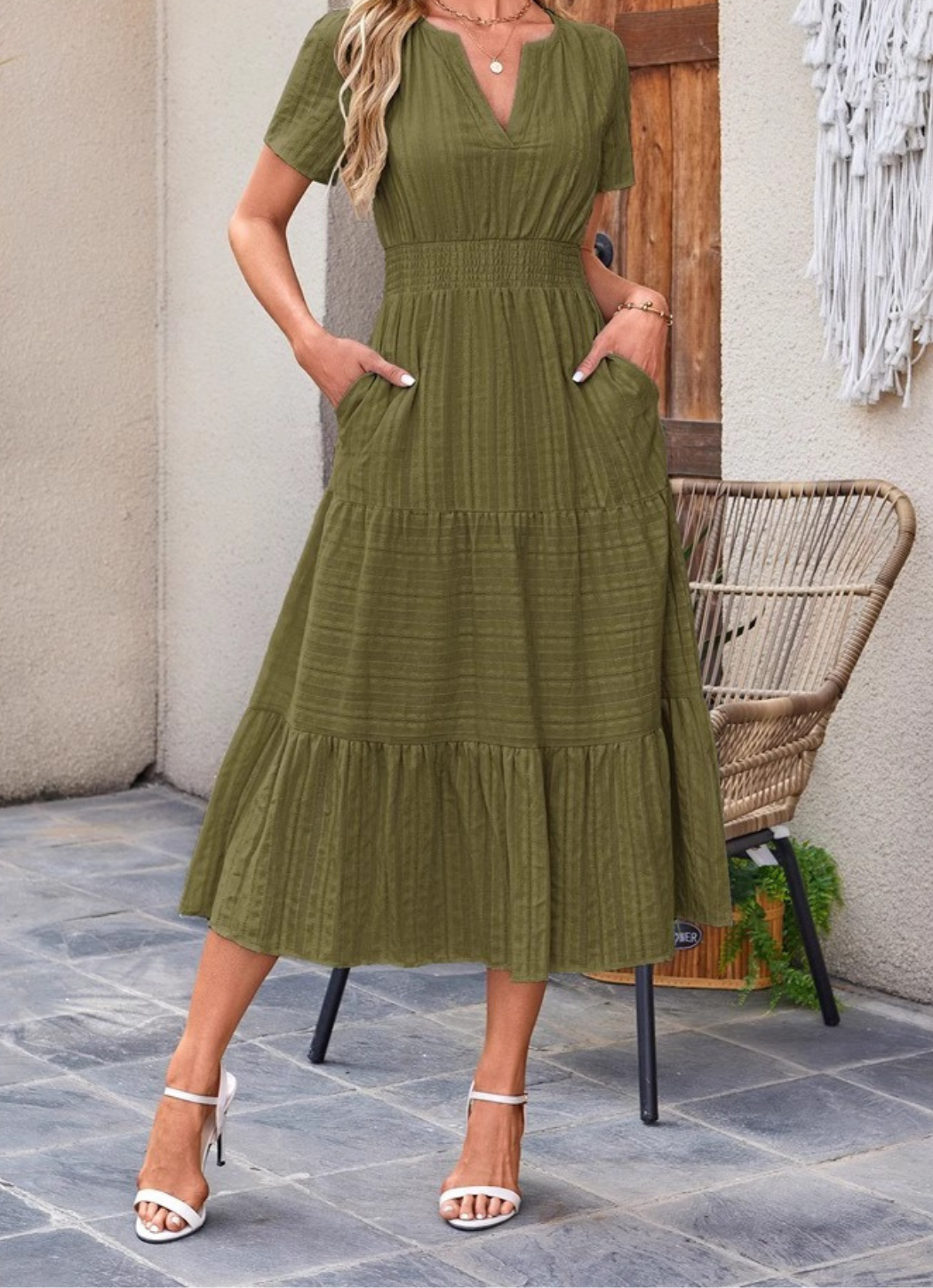 Jikina - Abito Midi a Balze Con Scollo a V e Tasche