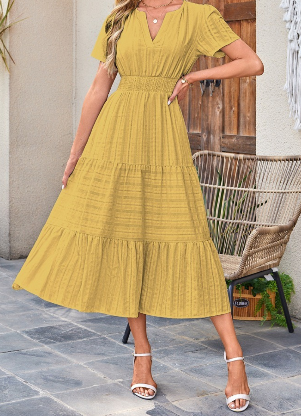 Jikina - Abito Midi a Balze Con Scollo a V e Tasche