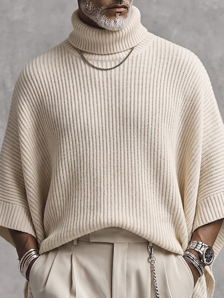 Joash - Maglione Poncho a Collo Alto a Coste Oversize