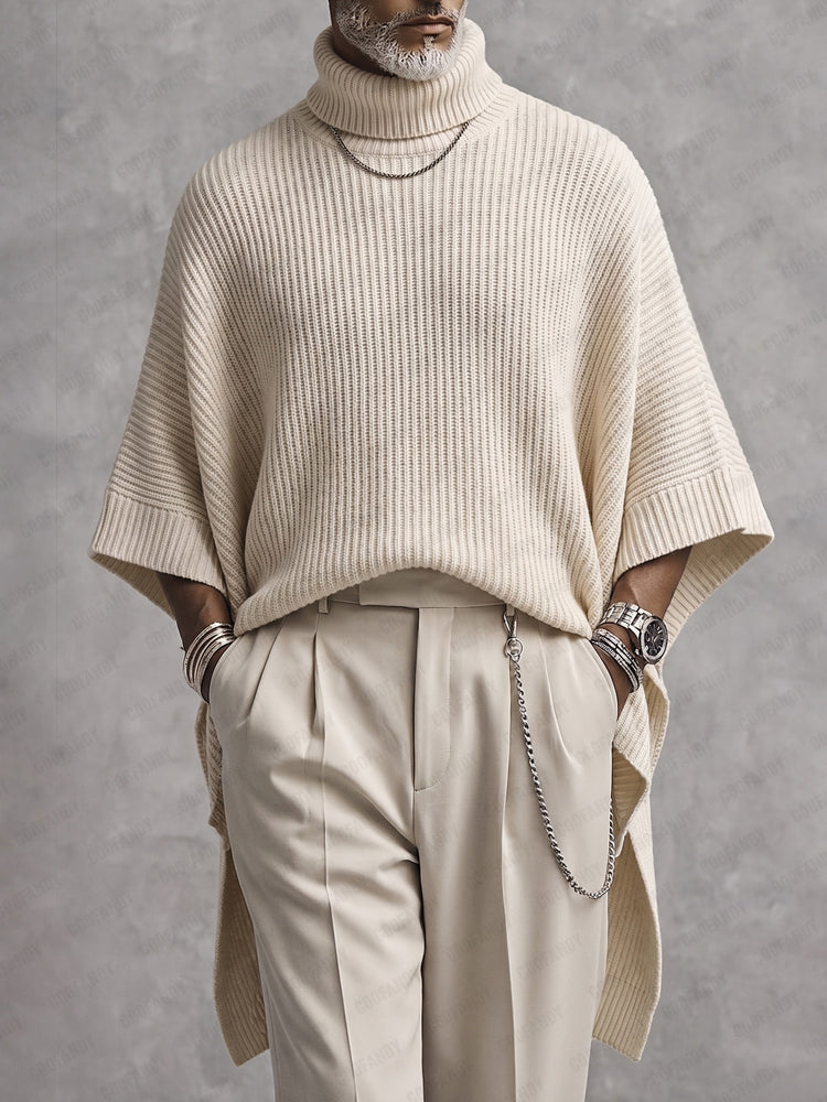 Joash - Maglione Poncho a Collo Alto a Coste Oversize