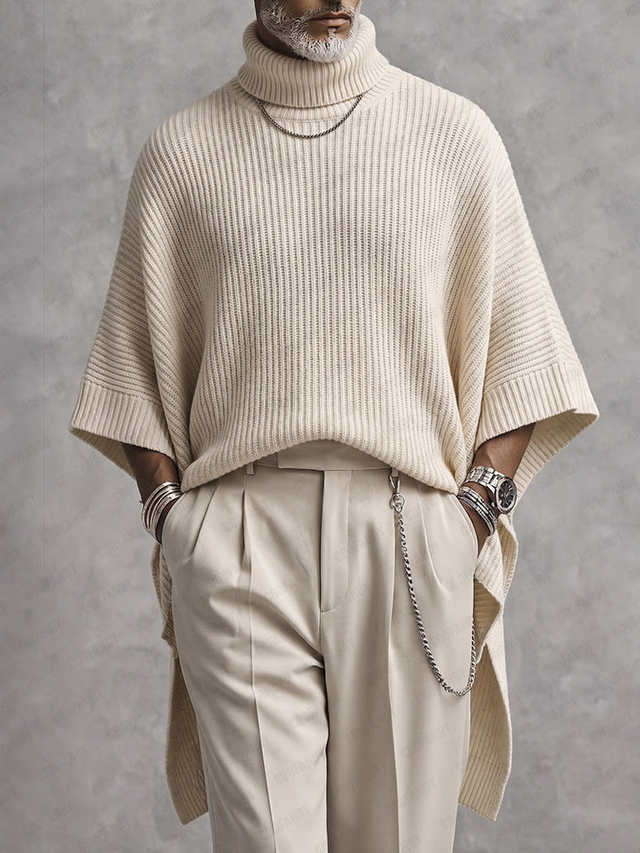 Joash - Maglione Poncho a Collo Alto a Coste Oversize