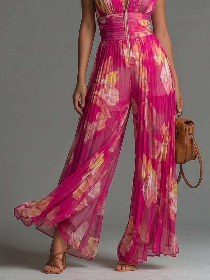 Lamai -  Elegante Tuta Con Scollo All'americana, Pieghe E Pantaloni a Gamba Larga
