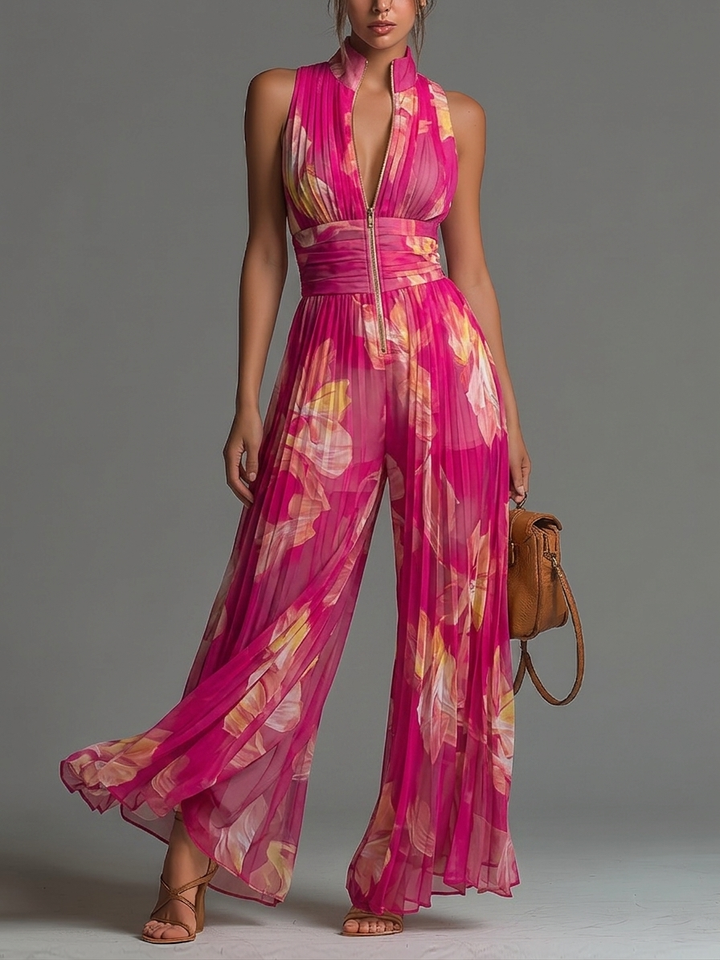 Lamai -  Elegante Tuta Con Scollo All'americana, Pieghe E Pantaloni a Gamba Larga