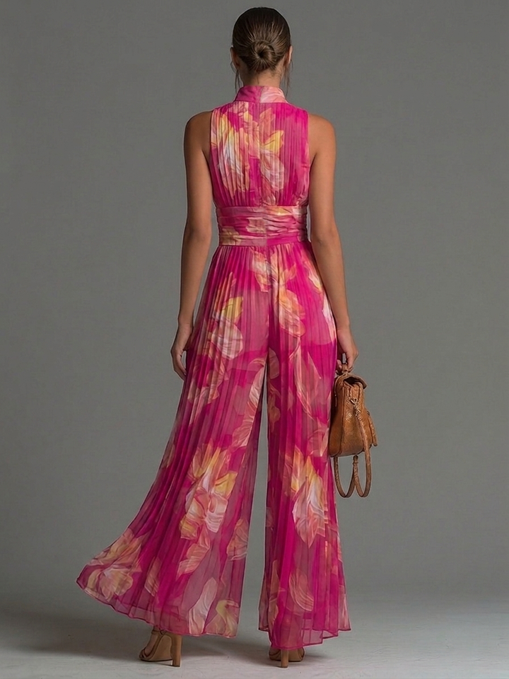 Lamai -  Elegante Tuta Con Scollo All'americana, Pieghe E Pantaloni a Gamba Larga