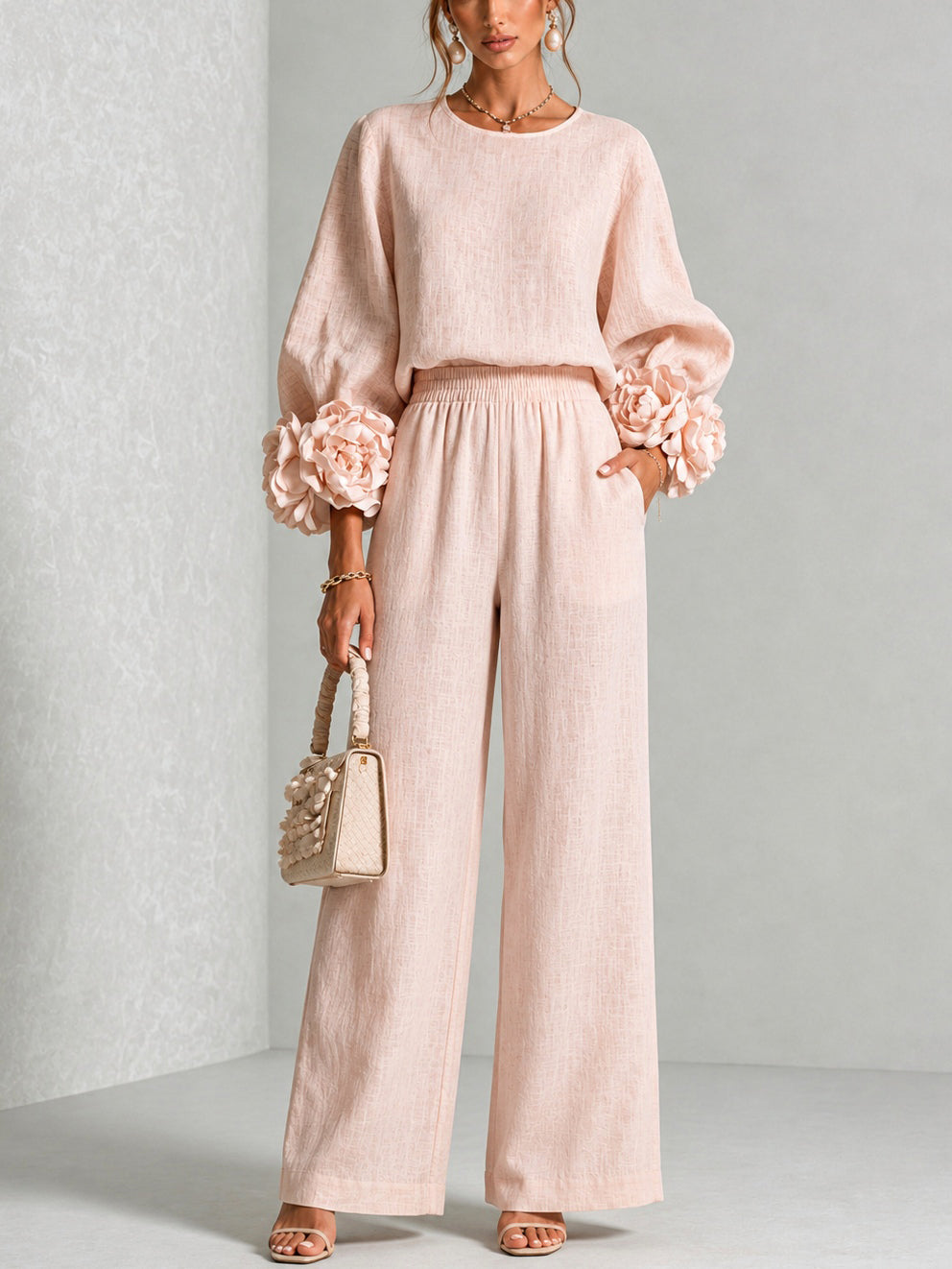 Ayser - Set Composto da Top e Pantaloni con Polsini a Fiori