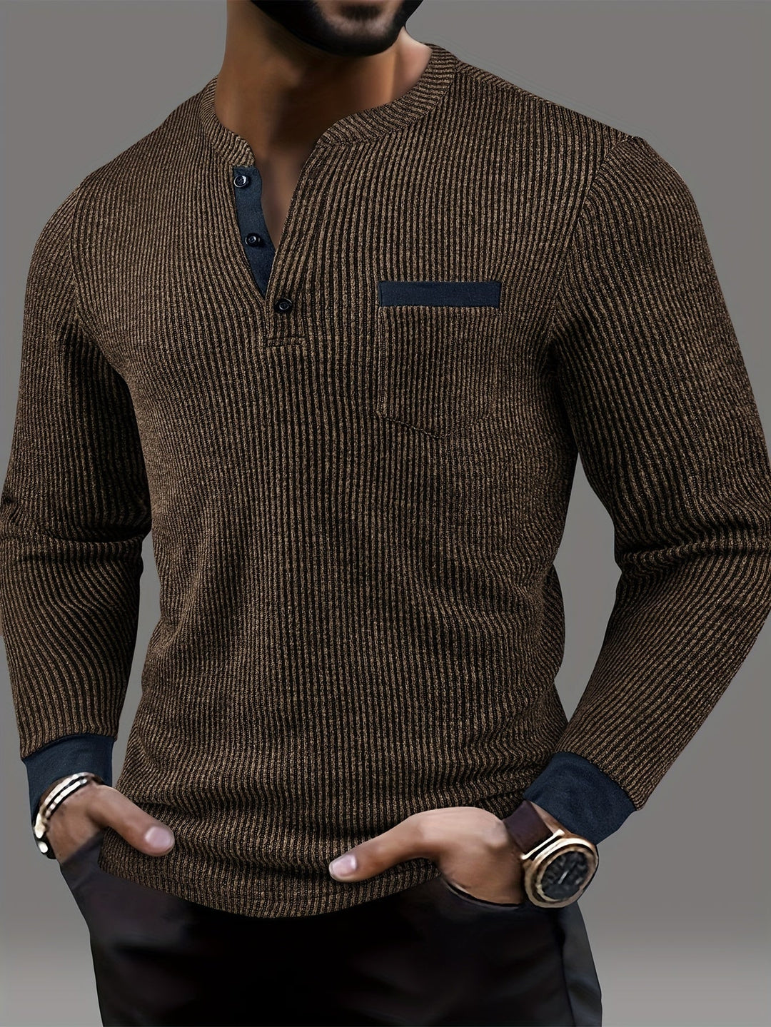 Deegan - Camicia Henley a Maniche Lunghe Con Colletto a Righe in Tessuto Testurizzato